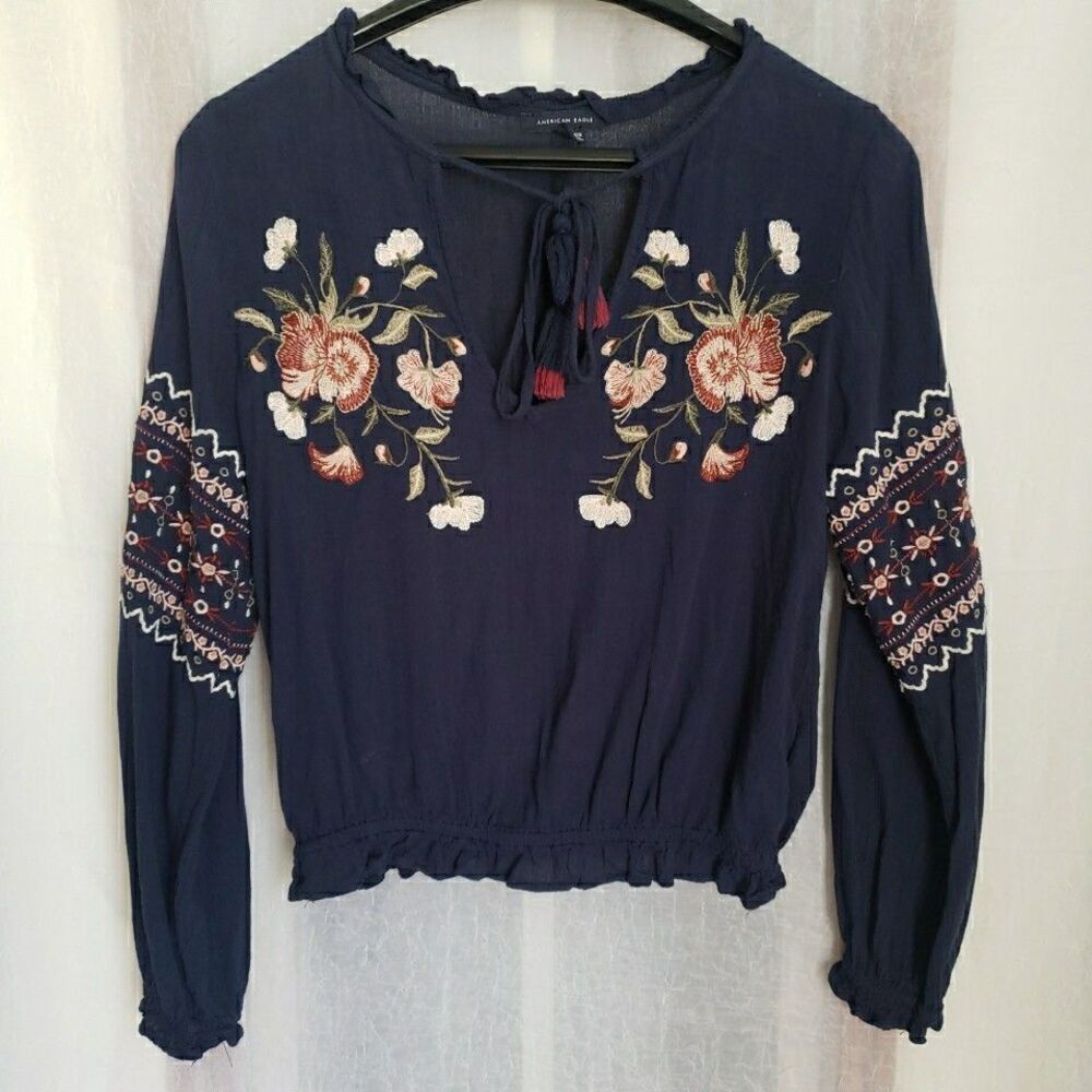 American Eagle Boho Embroidered Tie Neck Top Long Sleeve Semi Sheer Navy Blue XS